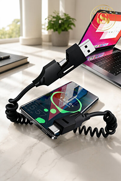Solistech 4 in 1 Şarj Kablosu Type-C Lightning Usb-A Type-C Super Hızlı Akordiyonlu 65W Kablo 480 MBPS Kırılmaz Ergonomik Tasarım