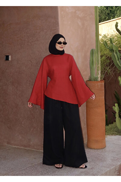 MODA AKSA ROYAL BAĞLAMA %100 ORGANİK KETEN BLUZ KIRMIZI