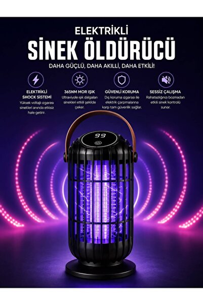 kawigo W8 Şarjlı Elektrikli Sinek Öldürücü Lamba Dijital Ekranlı Sinek Öldürücü Type-C Şarjlı, UV Mor Işıklı, Kablosuz Sivrisinek Öldürücü