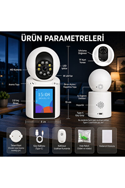 VOREX ApronX 2K WiFi Akıllı Bebek Güvenlik Kamerası Ekranlı 360° PTZ Hareket Takip Type-C 5V
