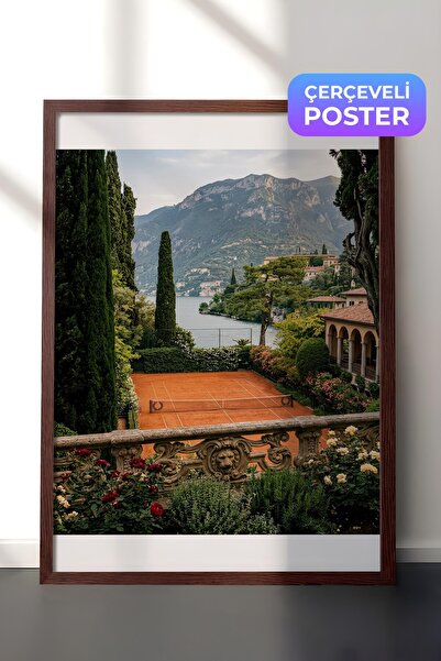 Postifull Poster cu teren de tenis și peisaj, poster înrămat maro, seria Old ...