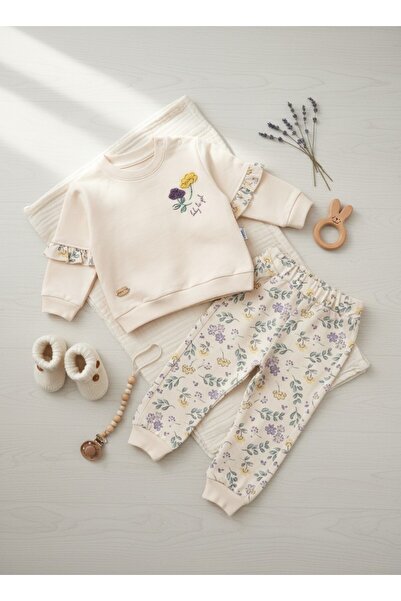 Mou&Kou 9-12-18 Months Floral Embroidered 2 Thread Baby Set Sweatshirt Pants Set