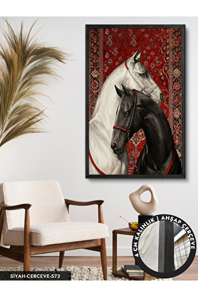 Evinemoda Siyah ve Beyaz At Tek Parça Siyah Çerçeveli Kanvas - Canvas Tablo