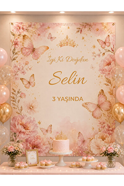 Kelebek Temalı Dikey Kişiye Özel Çocuk Doğum Günü Afişi - Vinil Branda Pankart