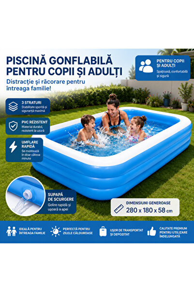 OEM Piscină Gonflabilă pentru Copii și Adulți, 3 Straturi, 280 x 180 x 58 cm,...