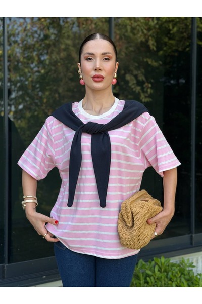 YK FASHION Atkı Detaylı Çizgili Tişört