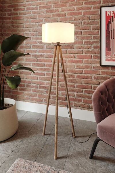 buççin online mağaza Krem Başlıklı Eskitme Ayaklı Tripod Lambader Ahşap 101-1...