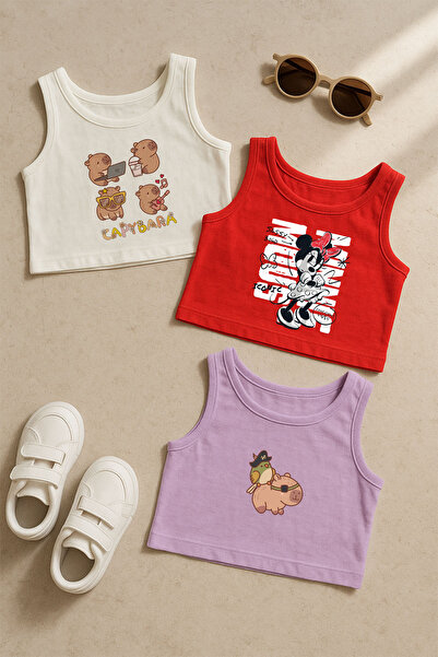 MYADA Capybara Baskılı Askılı Kız Çocuk Tarz 3'lü Crop Set 24156 24157 24202
