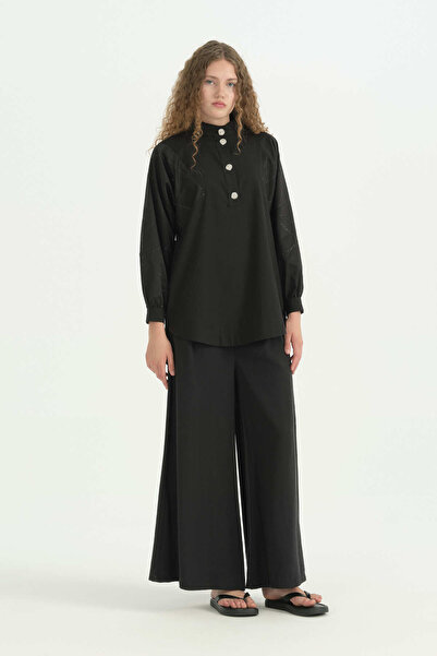 Nihan Sequined and Stone Buttoned Cotton Tunic - Black