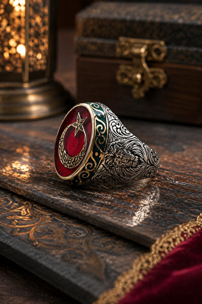 Siset Gümüş 925 Ayar Kırmızı Mine Üzerine Ay Yıldızlı Erkek Gümüş Yüzük