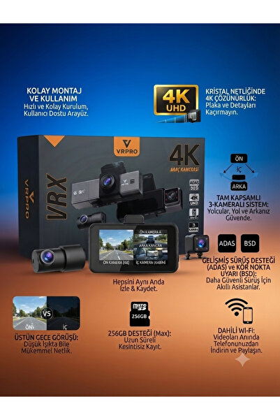 İyem VRPRO VRX 3 Kameralı 4K UHD Wi-fi Akıllı Araç Kamerası Adas Bsd & 24 Saa...