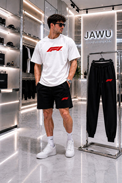 JAWÜ STYLE Fi̇ Printed Oversize Cotton Combination Set Tshirt-Shorts-Sweatpan...
