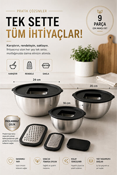 MADAME QUEEN 9-Piece Stainless Steel Grater and Mixing Bowl Set