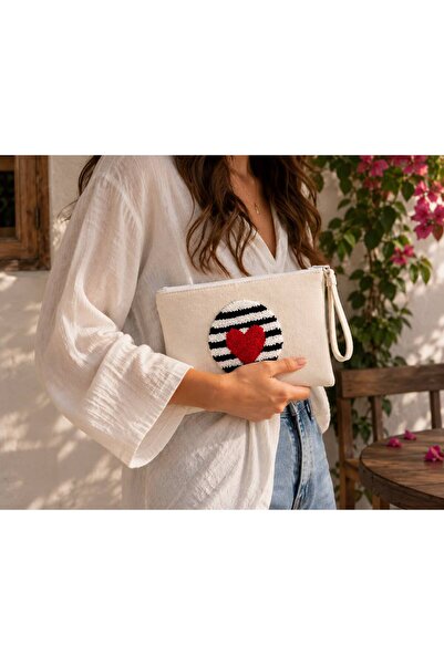 Berliva Home Red Heart Punch Embroidered Canvas Handbag - Striped Embroidered...