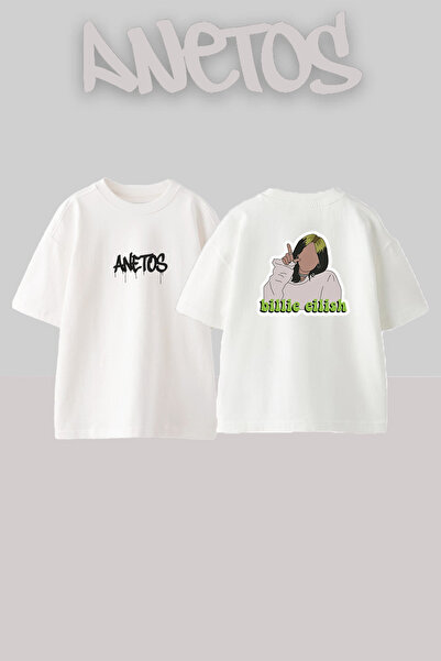 Anetos تي شيرت أبيض كبير الحجم مطبوع بتصميم Billie Eilish_3 للجنسين