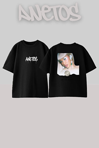 Anetos Μαύρο μπλουζάκι Cardi B_32 με στάμπα σχεδίου, unisex, oversized