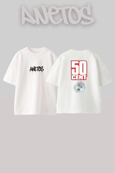 Anetos تي شيرت أبيض كبير الحجم مطبوع بتصميم 50 Cent_37 للجنسين