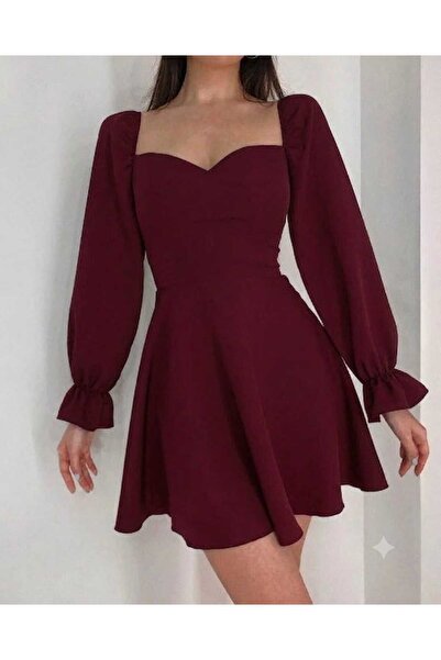 nakebutik Kadın Kalp Yaka Balon Kollu Mini Elbise