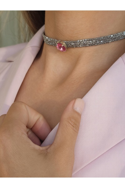 Eva Takı Store Cord Chain Knitted Crystal Stone Handmade Choker Necklace Pink Silver Color Necklace