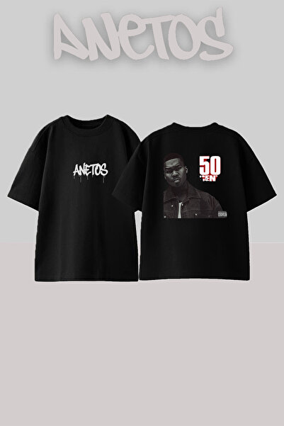 Anetos تيشيرت أسود كبير الحجم مطبوع بتصميم 50 Cent_26 للجنسين