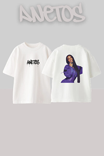 Anetos Cardi B_11 Design Printed Unisex Oversize Fit White Tshirt