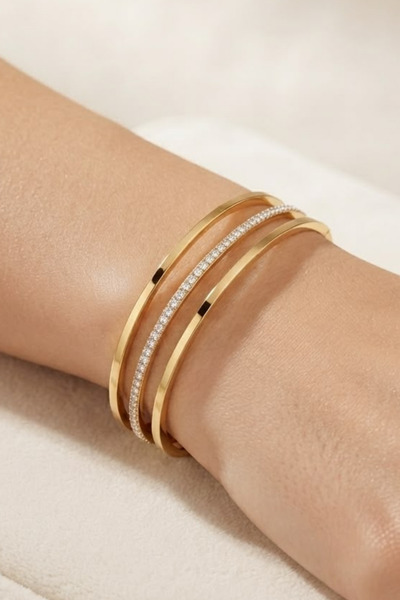 Jaida Moda 3'lü Set Kadın Gold Zirkon Taşlı Çelik Ajda Bilezik