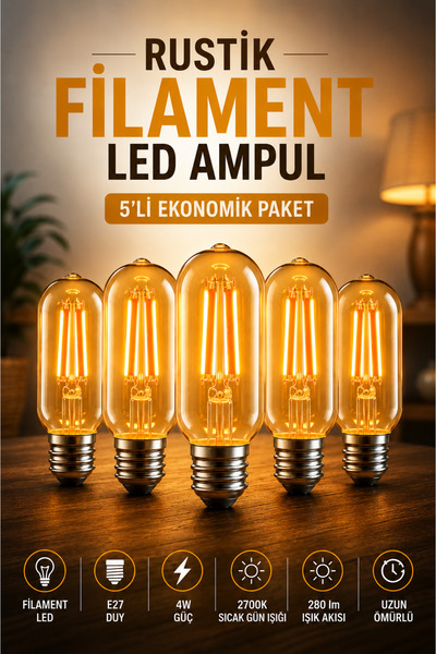 Edison 5'li T45 Gemici Rustik Filament LED Ampul E27 Dekoratif Vintage Sıcak ...