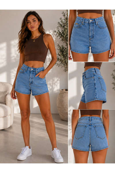 modaselda Kadın denim mini şort yüksek bel toparlayıcı esnek