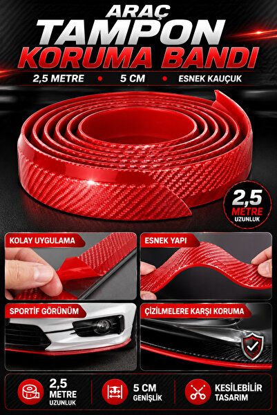 Hane Dostu 2,5 Metre Kırmızı Araç Tampon Koruma Bandı 5 Cm Esnek Kauçuk Lip Ş...