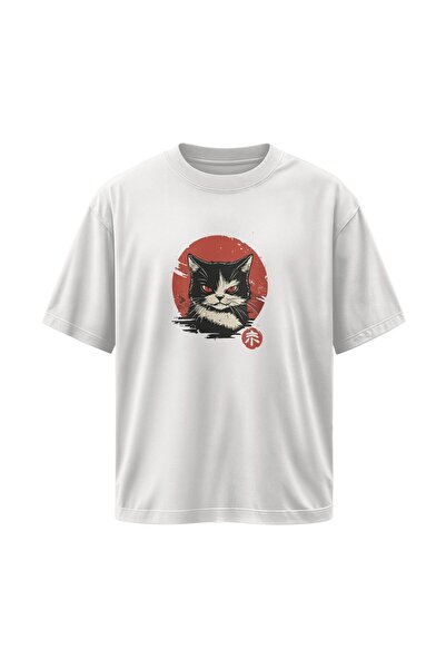 buzagi تي شيرت أبيض كبير الحجم للجنسين من Cat