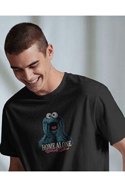 buzagi Home Alone Cookie Monster Oversize Unisex Black T-Shirt