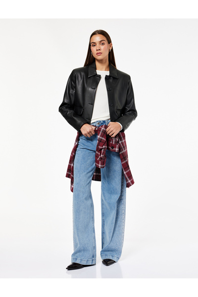 Koton Cotton Regular Waist Wide Leg Jeans with Stone Detail - Wide Leg Jeans