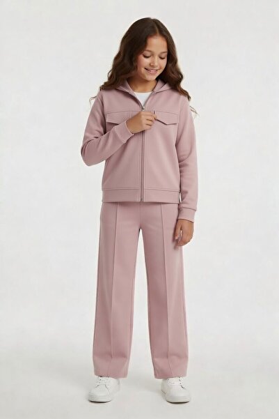 Cansın Mini Dusty Rose Zippered Cardigan and Tracksuit for Girls, 2-Piece Set...