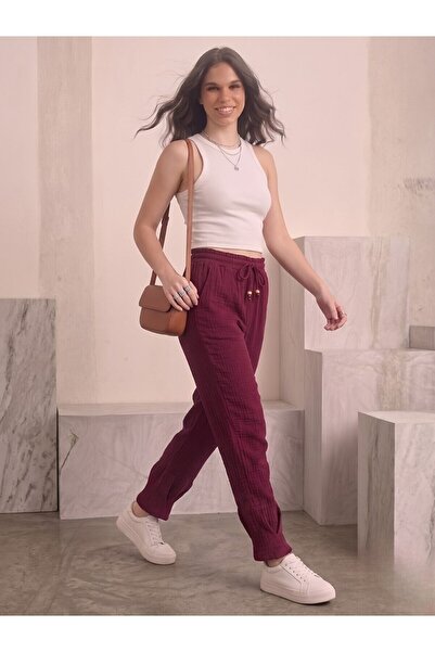 Flubutik Women's Burgundy Muslin Cotton Pleated Trousers
