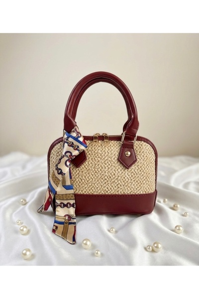 AVIVA Scarf Detailed Straw & Leather Combination Women's Shoulder Bag