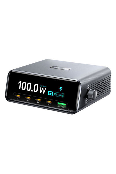 POWERTECH σταθμός φόρτισης PT-1622 με οθόνη, USB & 4x USB-C, GaN, 100W, ασημί