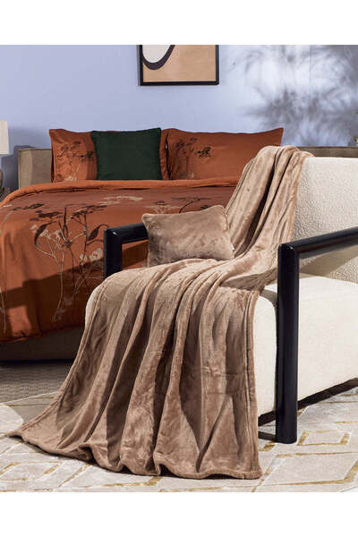 REDTAG Beige Convertible Flannel Blanket and Pillow