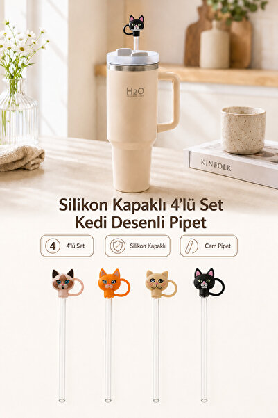 Poomy Kedi Figürlü Toz Önleyici Silikon Kapaklı 4'lü Cam Pipet Seti - Termos ...