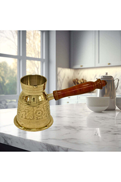 Al Athar Arts Brass Turkish Coffee Warmer Pot With Jali Work And Wooden Handl...