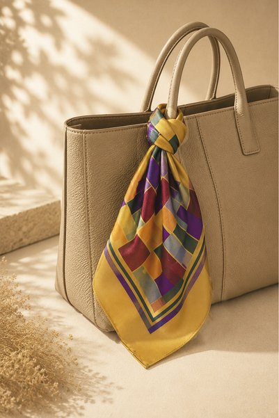 Defne&Apollon İpekçilik Defne Apollon Mozaik 100% Silk Handkerchief 33 X 33 cm – Mustard