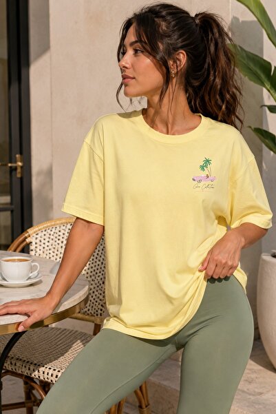 GIA - ART Women's Oversize T-Shirt Villa Route Printed Yellow – Crew Neck, Co...