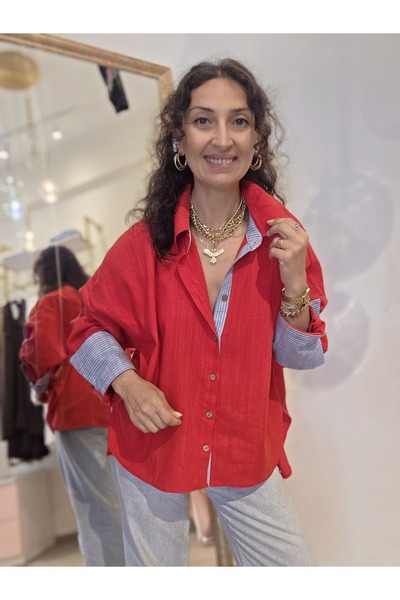 Butik Kadın, %100 Keten, Bol Kalıp, Arkası Uzun, Mavi-Beyaz Çizgili Şerit Det...