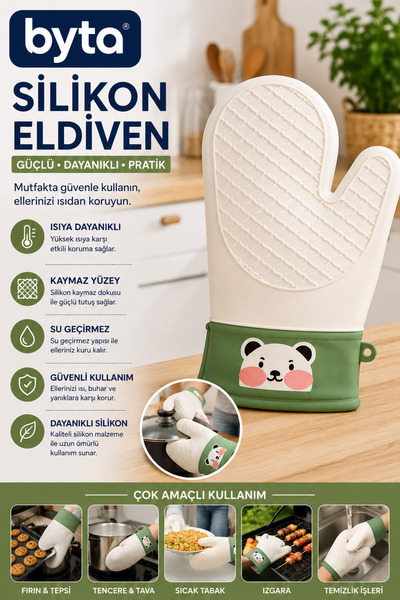 BYTA Heat Resistant Silicone Oven Mitt Non-Slip Kitchen Glove Pot Pan Tray an...