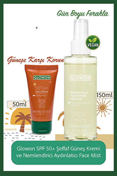 GLOWON Güneş Koruma ve Ferahlık Seti SPF 50+ Şeffaf Güneş Kremi & Vegan Yüz S...