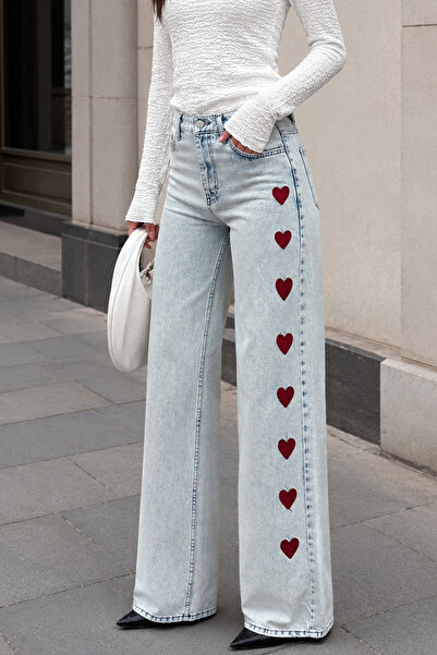 GRİİ WEAR Light Blue Heart Embroidered Wide Leg Jeans