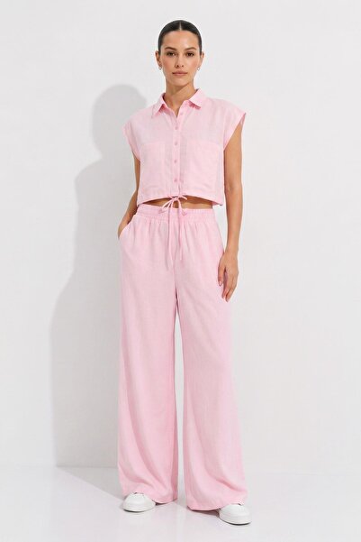 Rays Set cămașă crop roz cu buzunare și pantaloni 7157