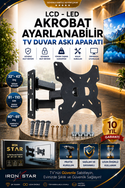 IRONSTAR Hareketli TV Askı Aparatı / Akrobat TV Duvar Askı Aparatı / Ayarlana...