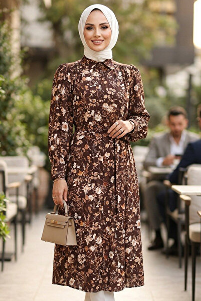 N.S NEVA STYLE Shirt Collar Floral Patterned Brown Hijab Tunic 95730Kh