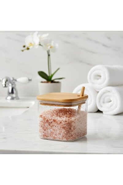 Yıldızan 600ml Square Glass Jar with Bamboo Lid and Spoon, Vacuum Wooden Lid ...