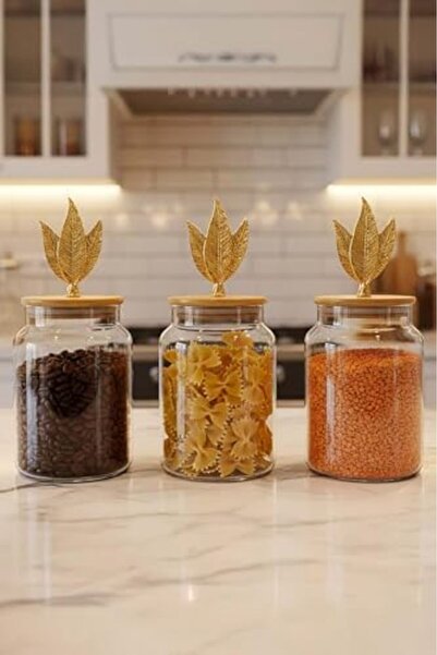 Yıldızan Msa Shop 3-Piece Bamboo Lid Leaf-Shaped Jar Set - Medium Size Storag...